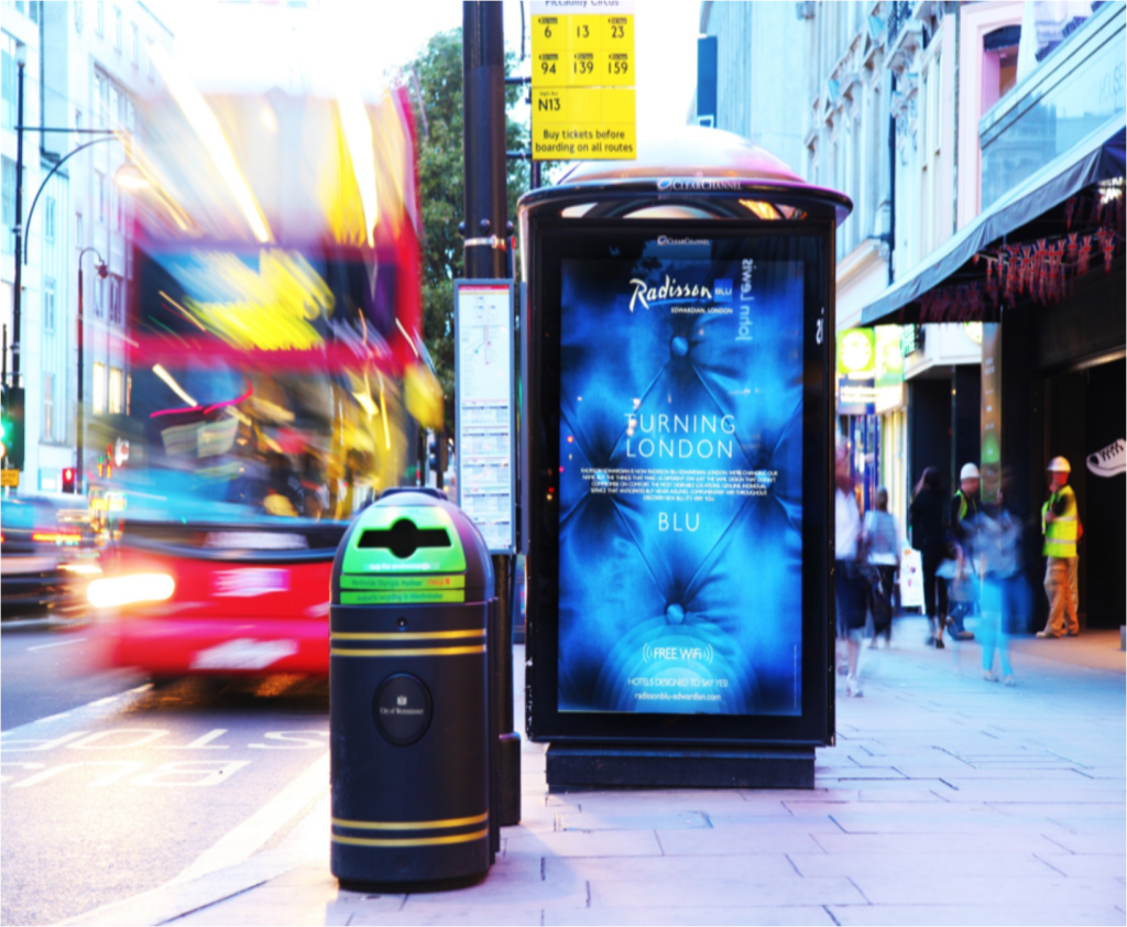 London advertising on bus shelter for Radisson Blu